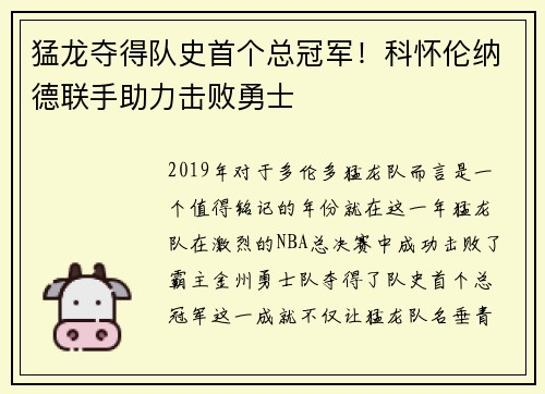 猛龙夺得队史首个总冠军！科怀伦纳德联手助力击败勇士